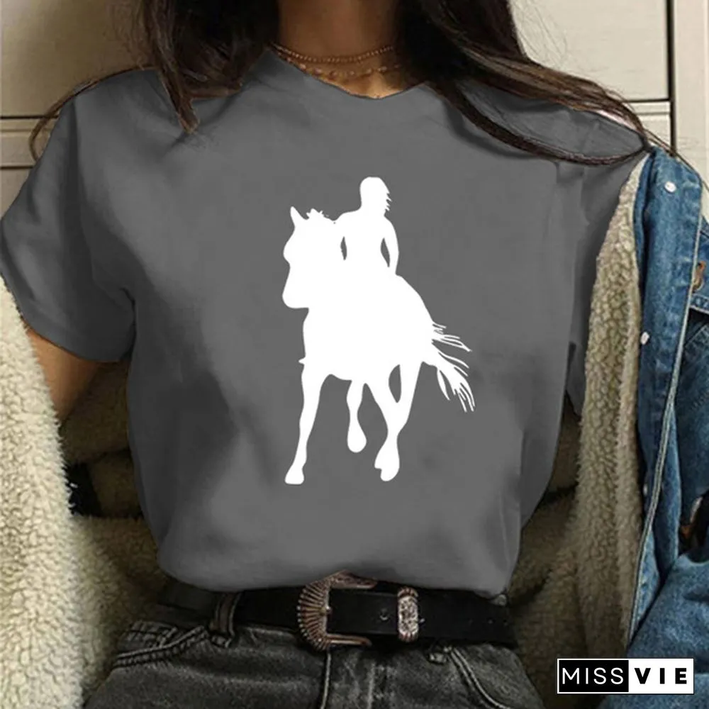 Womens Horse Print Knight Shirts Womens Tops Casual Tees Women Blouse Graphic T-Shirt