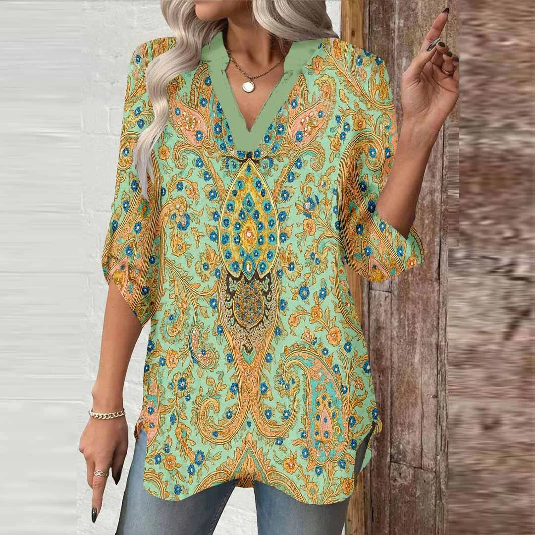 Women Retro, Green, Yellow DZGA0345 3/4 Sleeve V-neck Printed Graphic Button Tops