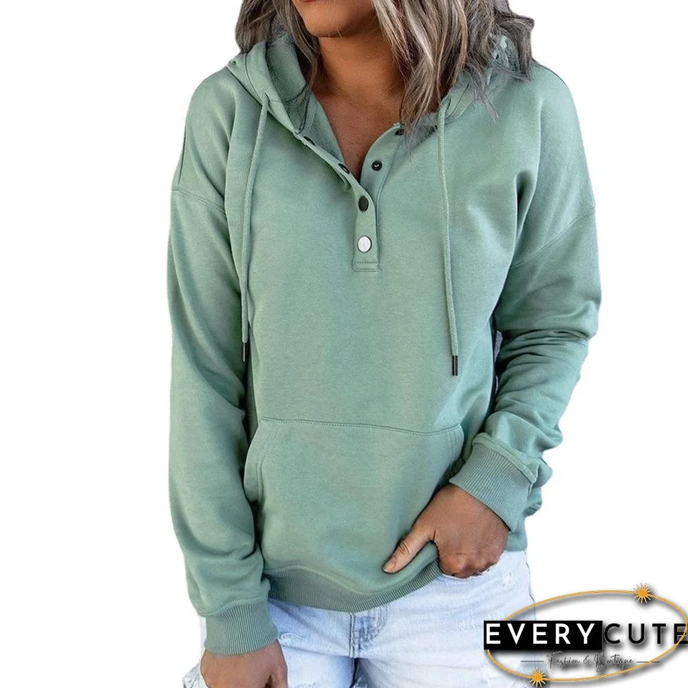 Green Button Neck Kangaroo Pocket Casual Hoodie