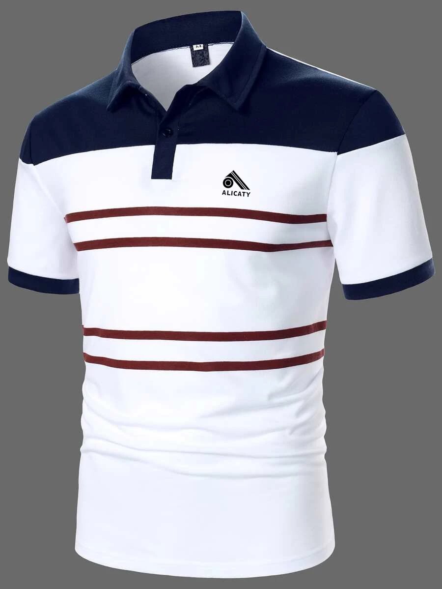 Men's striped color block casual short-sleeved polo shirt