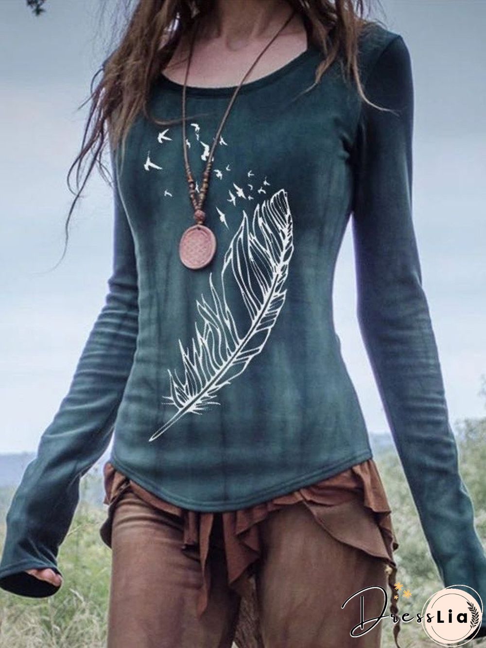 Vintage Leaves Printed Long Sleeve Top