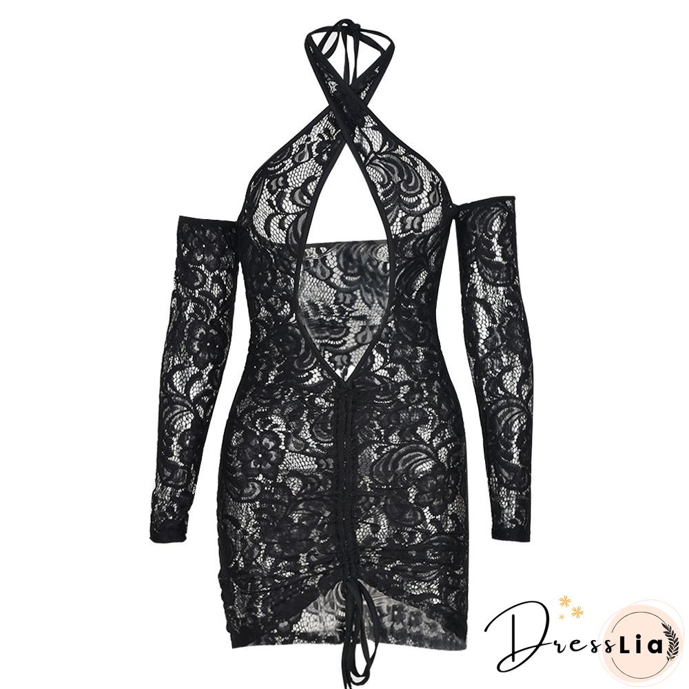 Lace Drawstring Ruched Long Sleeve Backless Dresses