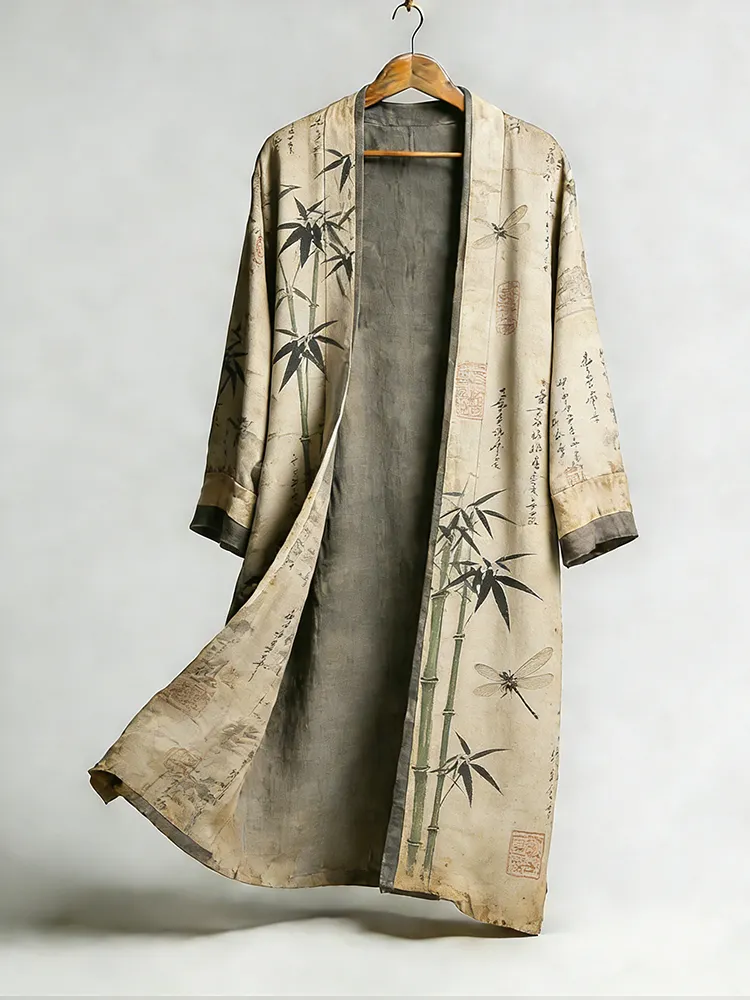 Men's Retro Bamboo Art Dragonfly Linen Long Kimono  artssus