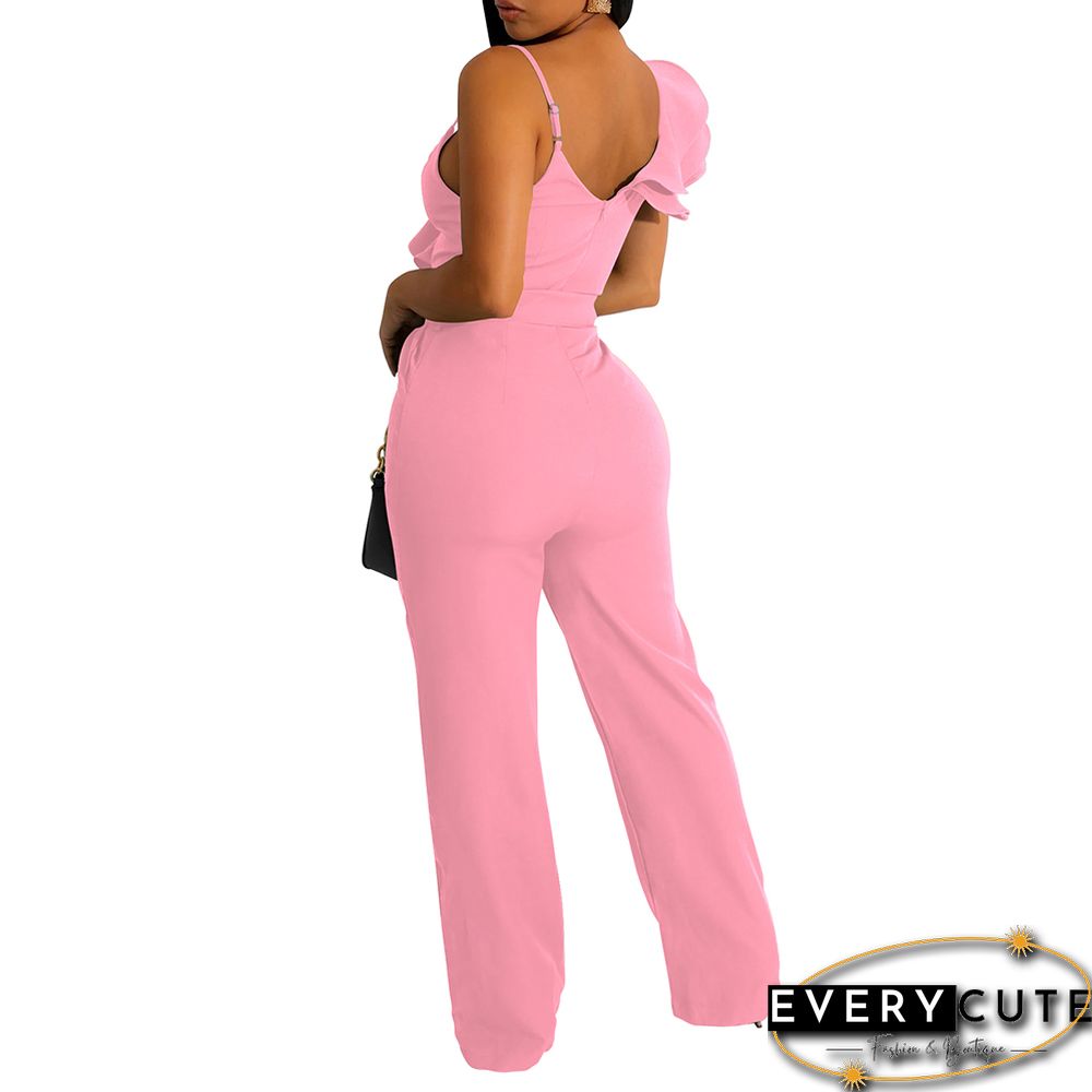 Pink Ruffle One Shoulder Sleeveless V Neck Jumpsuit