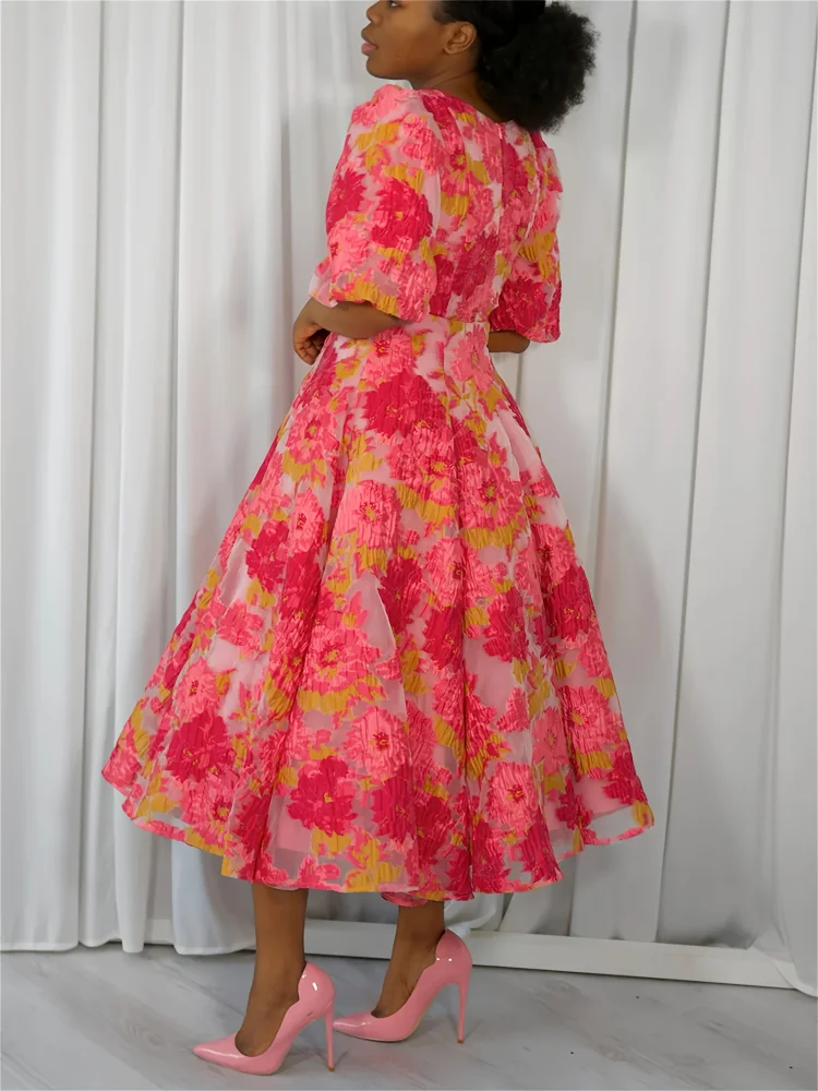 Glouri Luxury Pink Floral Organza Jacquard Midi Dress - Romantic V-Neck Puff Short Sleeve Gown With A-Line Hem & Lining, Wedding Guest Dress For Garden Parties/Spring Galas Opulent Floral Pattern), Floral Dress, Spring Gala Attire