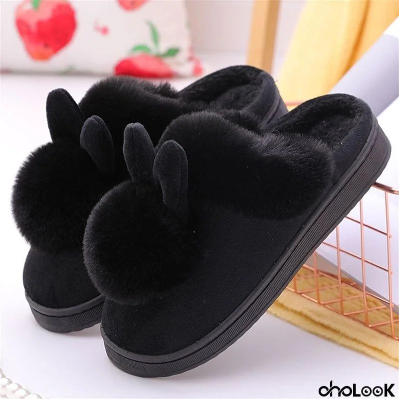 Bunny Ears Plush Ball Non-Slip Keep Warm Slippers for Women