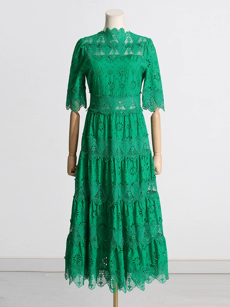 Elegant Jacquard Embroidered Waist See-Through Midi Dress