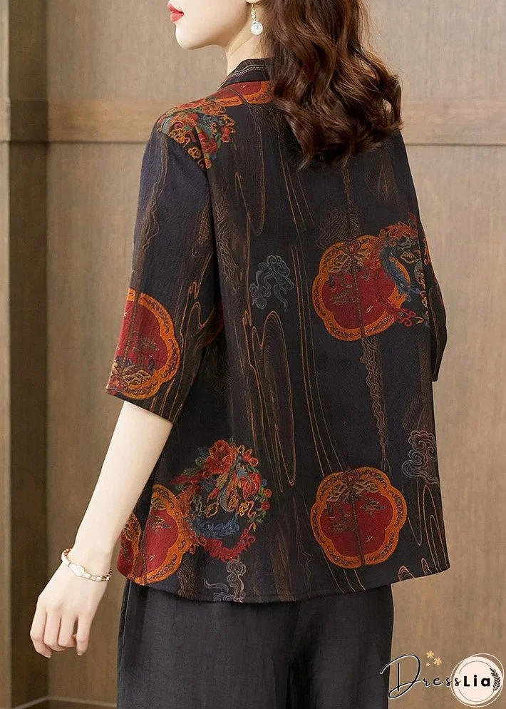 Unique Black Floral Peter Pan Collar Print Button Silk Shirt Half Sleeve