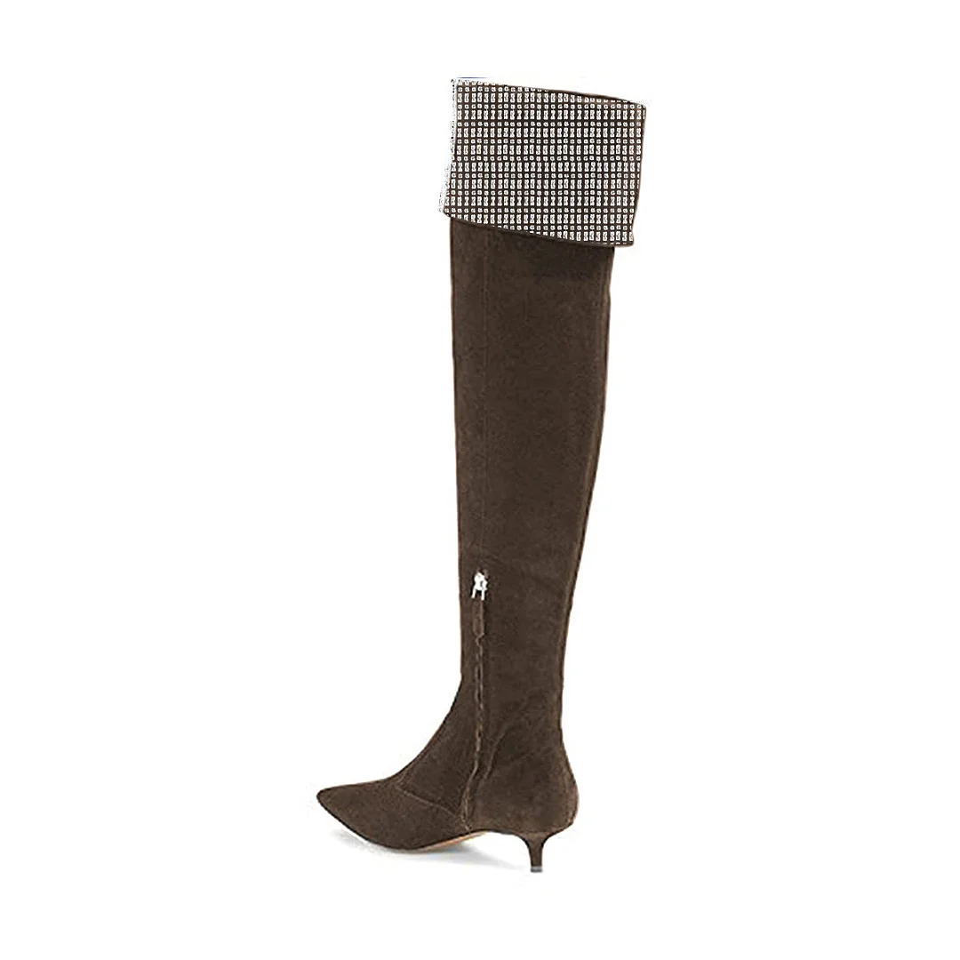 Brown Faux Suede Pointed Toe Rhinestone Over-The-Knee Side-Zip Boots