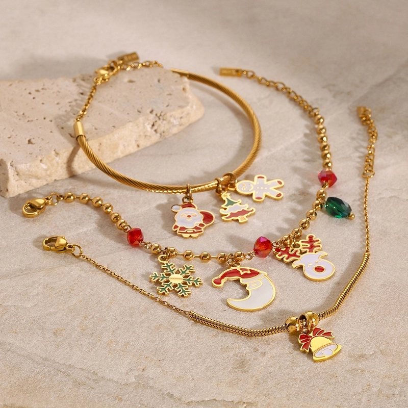 3 PCS/Package 304 Stainless Steel 18K Gold Plated Santa Claus Christmas Socks Snowman Pendant Jewelry Accessories