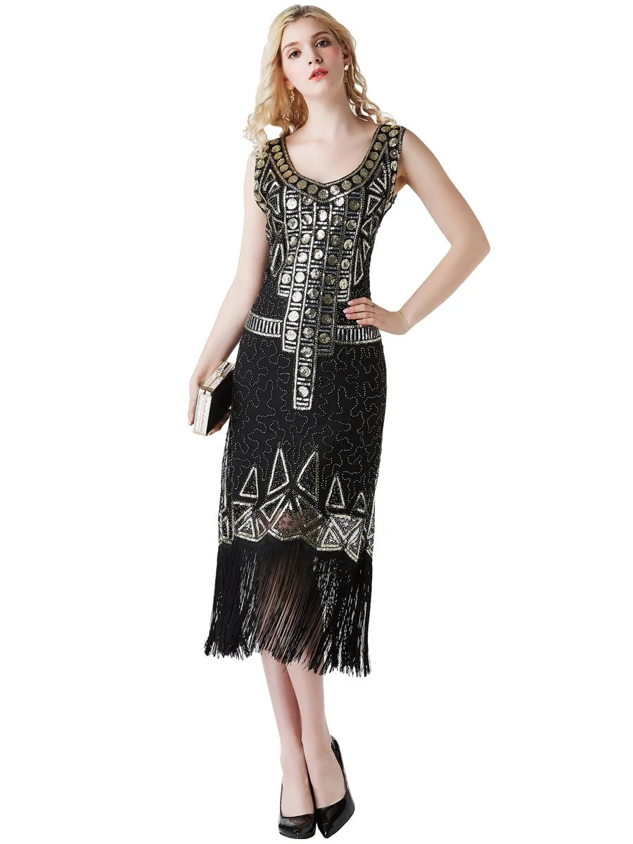 V Collar Retro Sequined Tassel Long Slim Vintage Dress