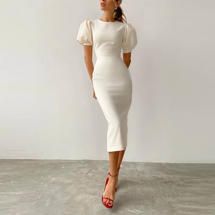 White O-Neck Puff Sleeve Office Lady Dress Summer High Waist Tight Dress Simple Elegant Party Women's Dress - BlackFridayBuys