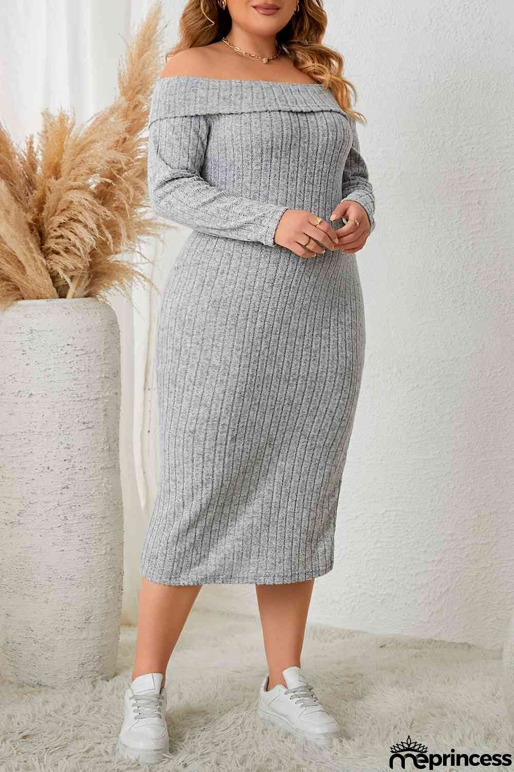 Plus Size Square Neck Long Sleeve Slit Dress
