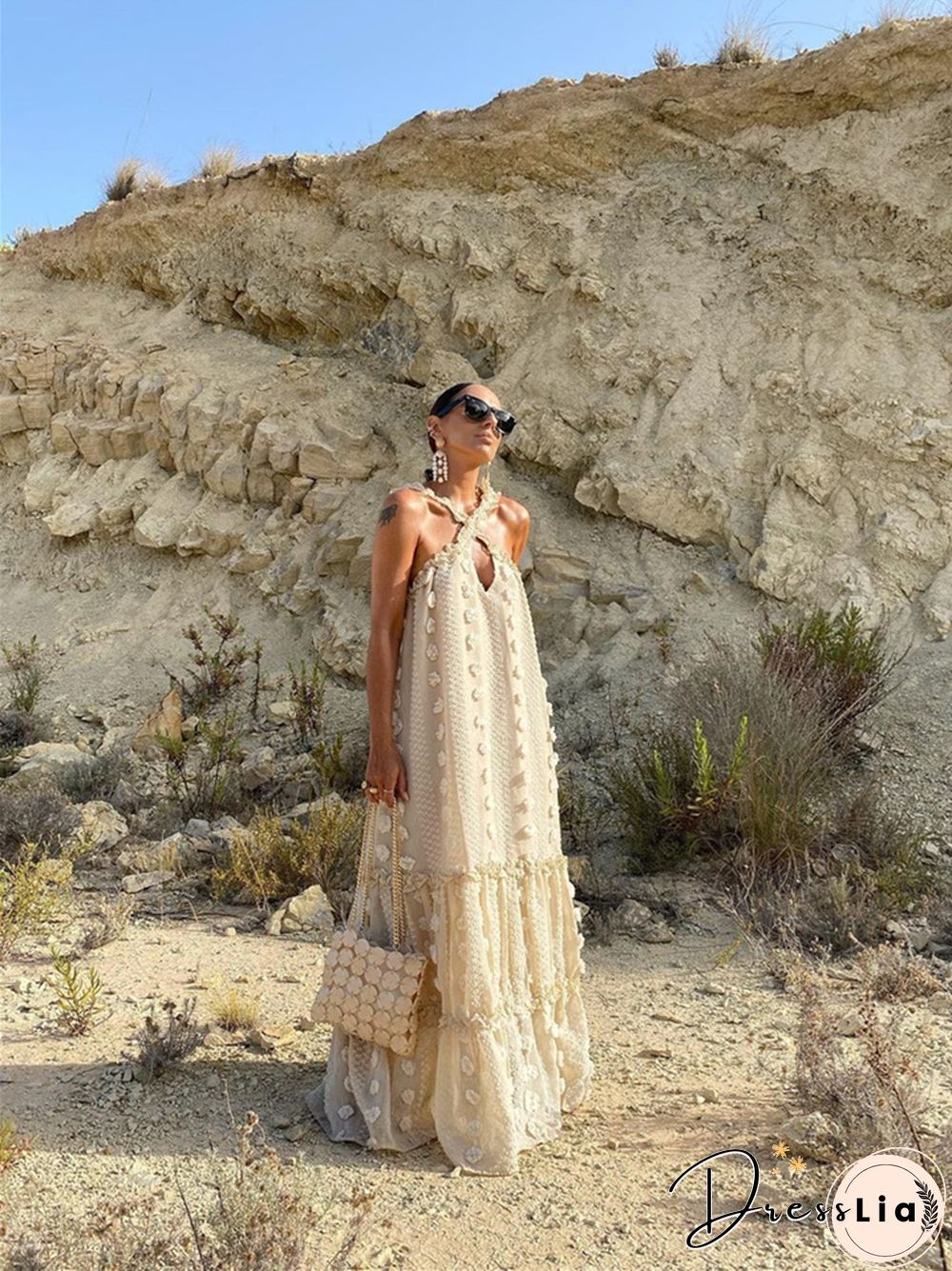 Fashion Neck Hanging Three-dimensional Flower Cake Long Dress