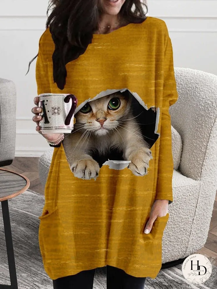 Dresses Cat Ripped Pocket Long Sleeve Dress for Women
