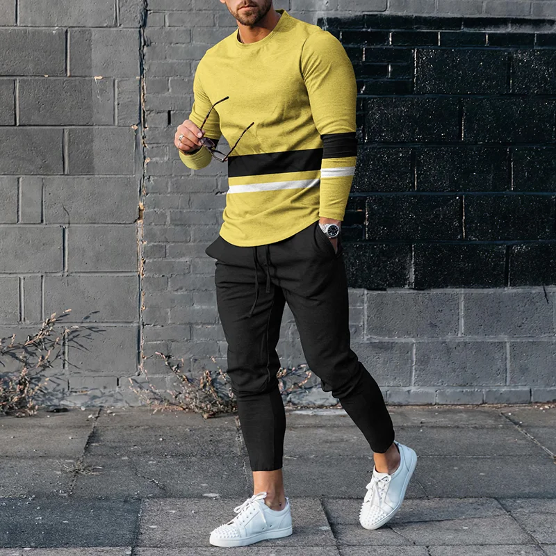Casual Color Contrast Yellow Long Sleeve T-Shirt And Pants Co-Ord