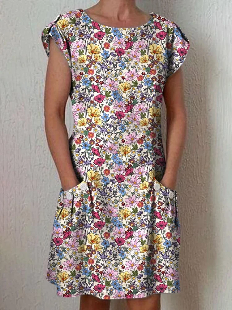 Women's Elegant Rose Floral Pattern Cotton And Linen Dress With Pockets