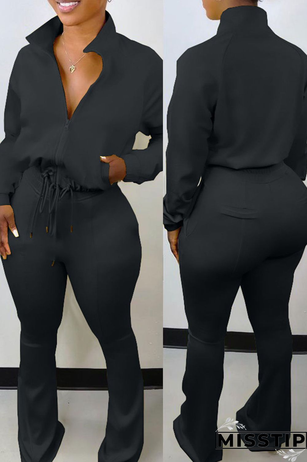 Black Casual Solid Patchwork Draw String Zipper Long Sleeve Two Pieces