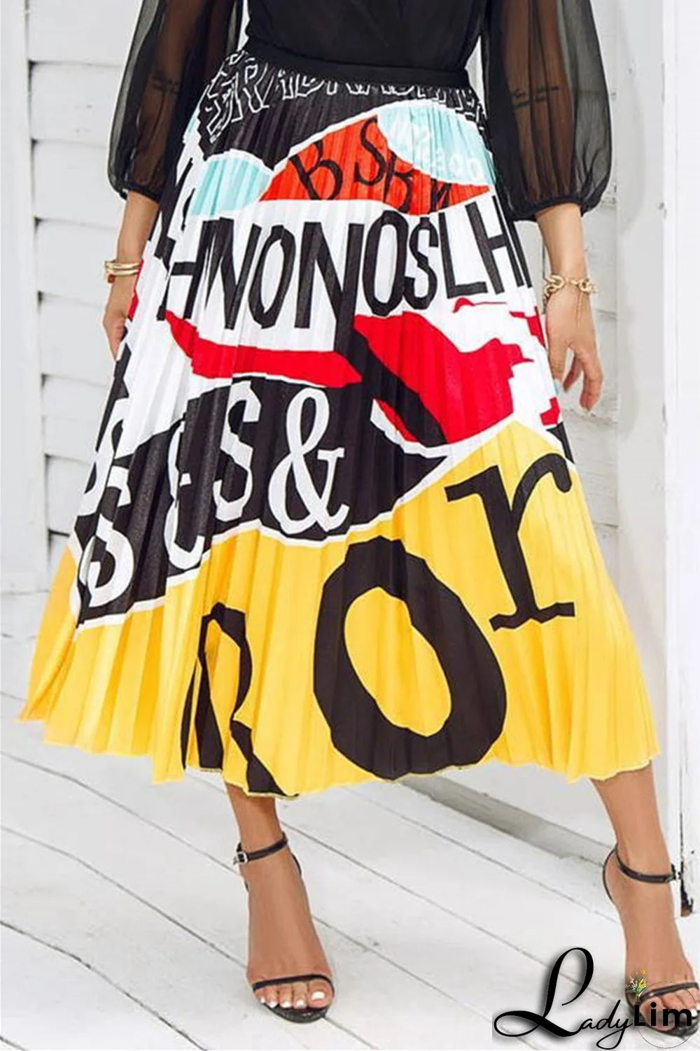 Yellow Fashion Casual Print Fold Regular High Waist Pleated Skirt