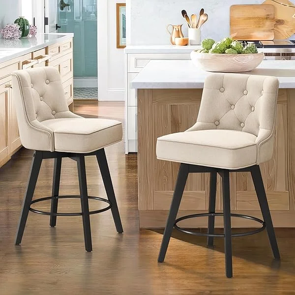 26" Swivel Counter Height Bar Stools Set of 2, Modern Bar Stools with Back and Metal Round Footrest, Solid Wood Legs, Linen Fabric Upholstered Barstools for Kitchen Island, Linen Color 2 Linen Color