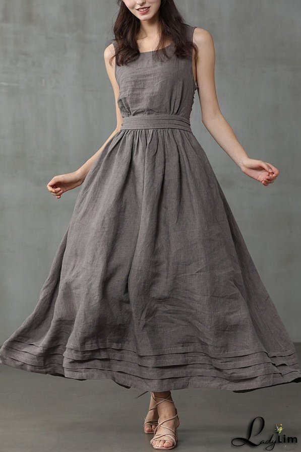 Cross Back O Neck Maxi Linen Dress