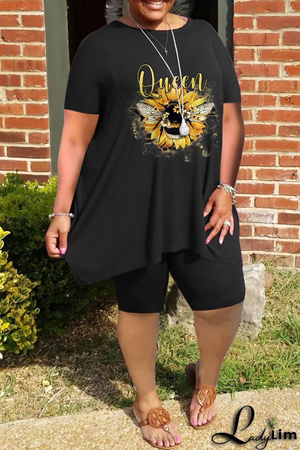 Blue Casual Print Split Joint O Neck Plus Size Two Pieces