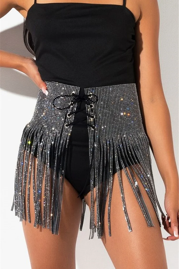 Patchwork Lace Up Rhinestone Skirt-Gold