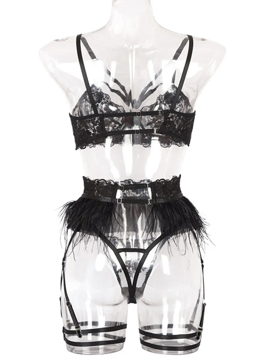 Three-piece lace and feather embroidered underwear