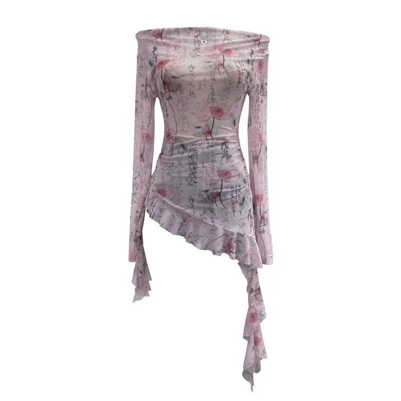 Brownm Purely Want A Word Shoulder Ink Print Tie-Dye Mesh Long-Sleeved Shirt Irregular Lotus Leaf Side Top 9936
