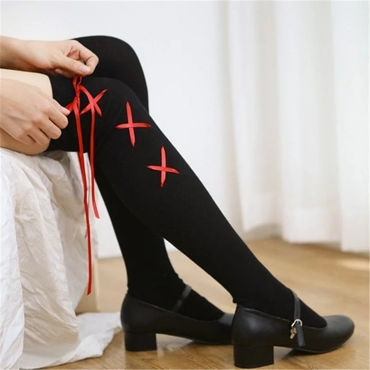 Anime Cosplay Cross Ribbon Over Knee Socks - Gotamochi Kawaii Shop, Kawaii Clothes