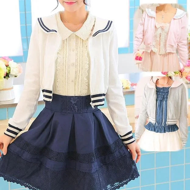 White/Grey/Pink Sailor Collar Embroidery Knitted Sweater Cardigan Coat SP153444