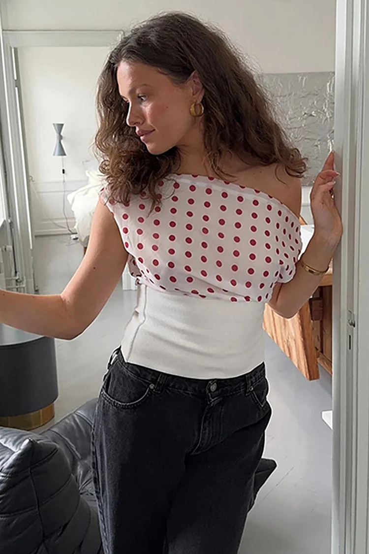 Polka Dot Print Chiffon Patchwork Lace Up Backless Cinch Waist Top-White