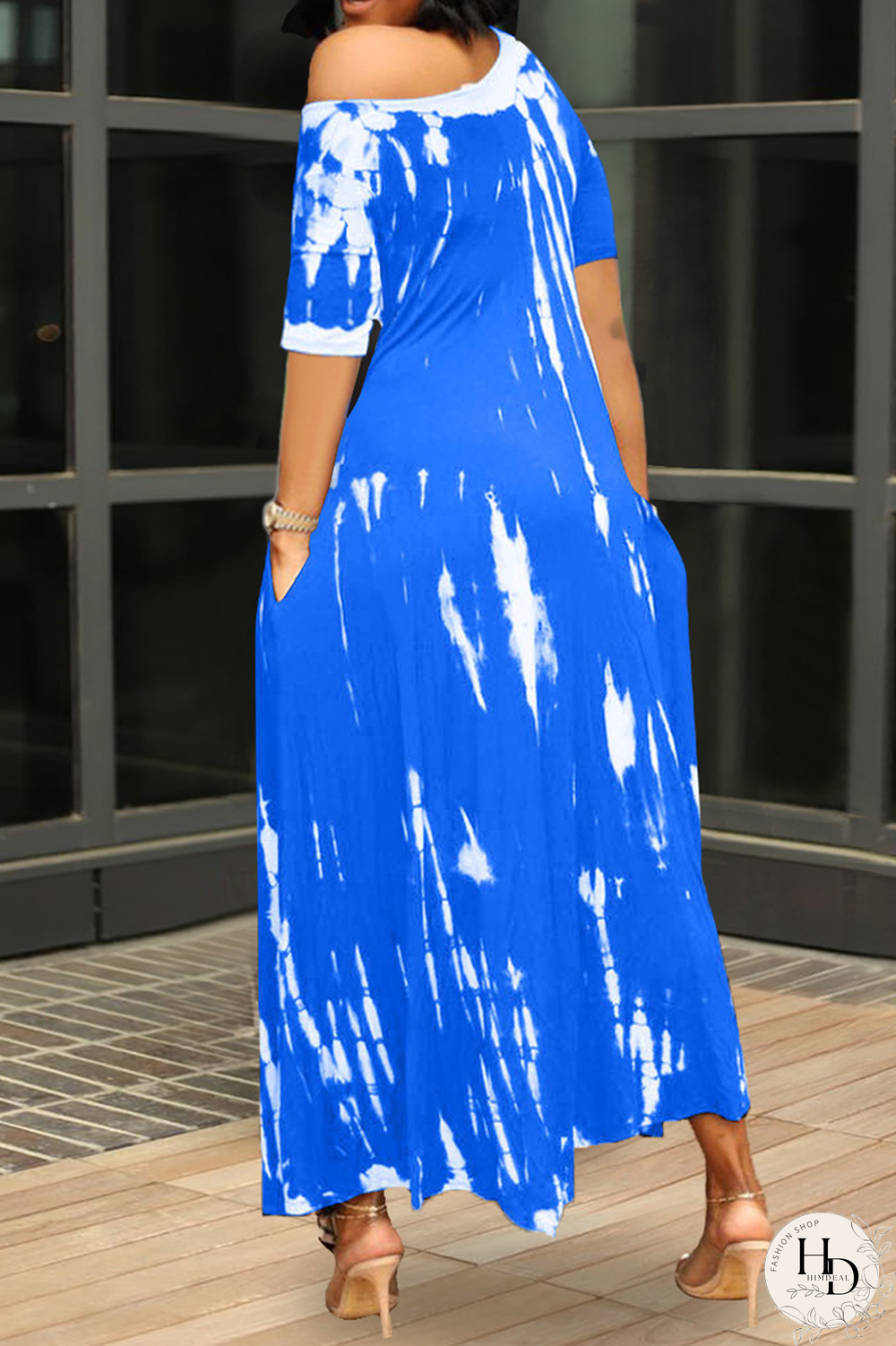 Tangerine Red Casual Print Split Joint One Shoulder Irregular Dress Dresses