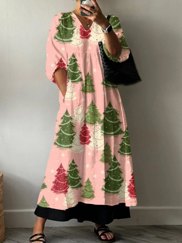 Women's  Christmas Tree  Print Pocket V-neck Cotton Dress