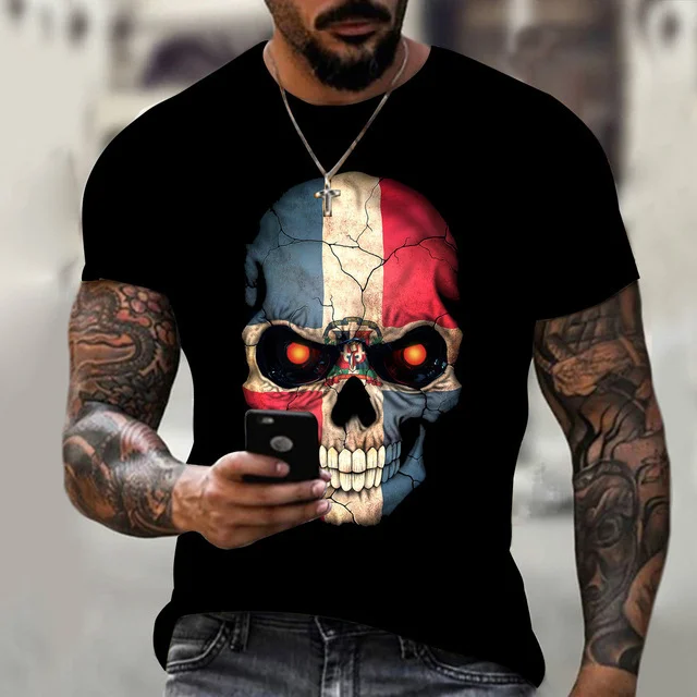 Retro Cross 3D Printed Skull Pattern Men's T-Shirt at Hiphopee