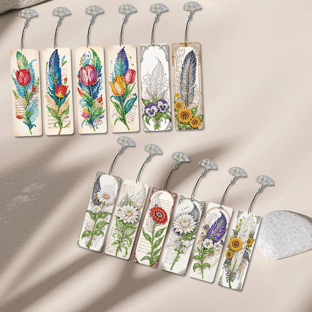 12Pcs Feathers and Flowers DIY Diamond Painting Bookmarks for Reading Enthusiast
