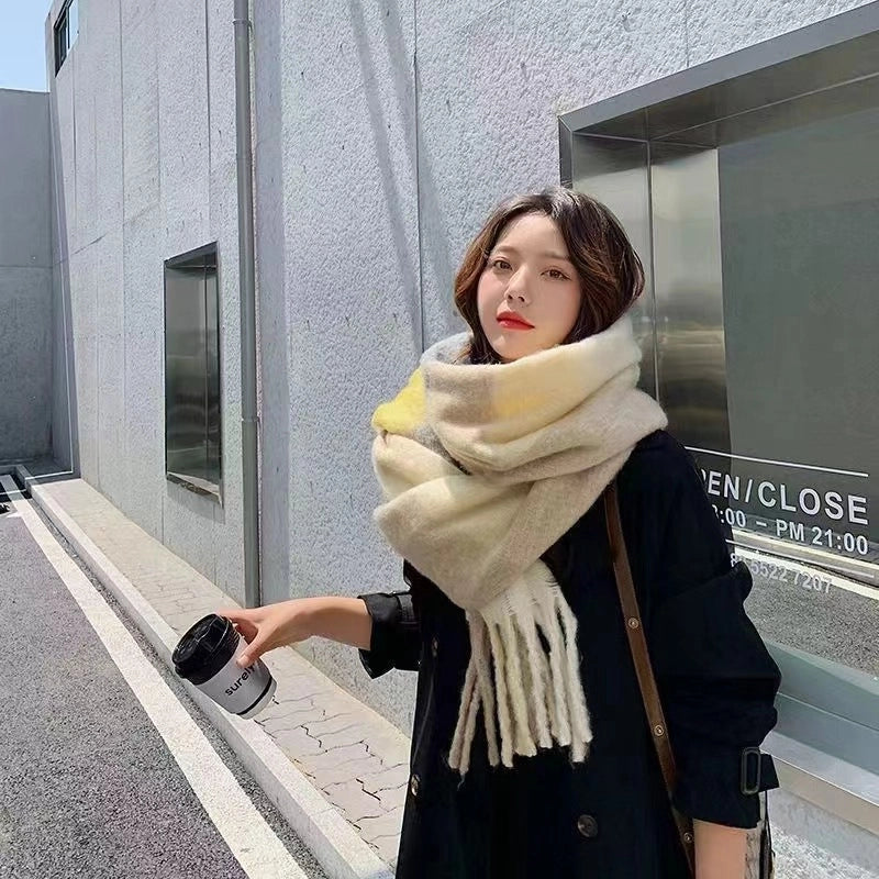 Rainbow Plaid Tassel Scarf For Women Autumn And Winter Famous Color Matching Cashmere Mohair Shawl Thickened Scarf