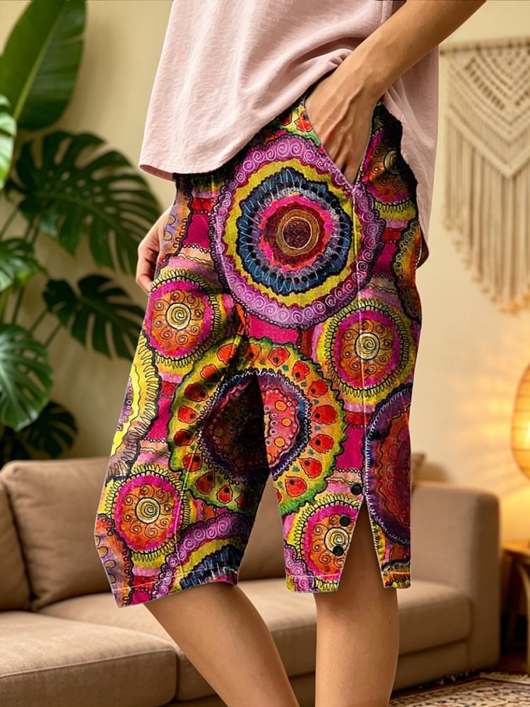 Women's Retro Colorful Art Print Casual Washed Cotton Denim Shorts