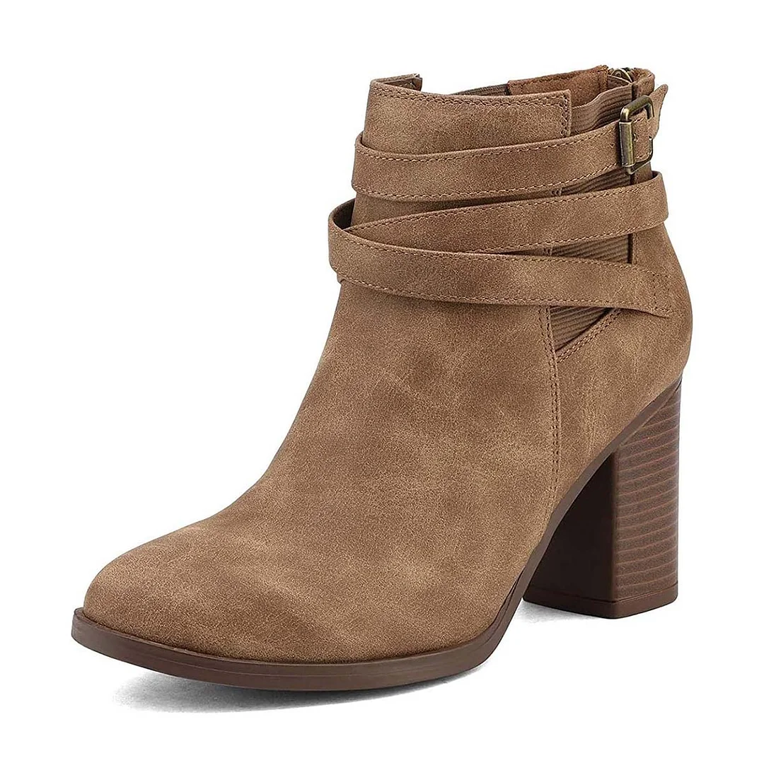 Tan Round Toe Block High Heel Strappy Buckled Ankle Boots with Zipper