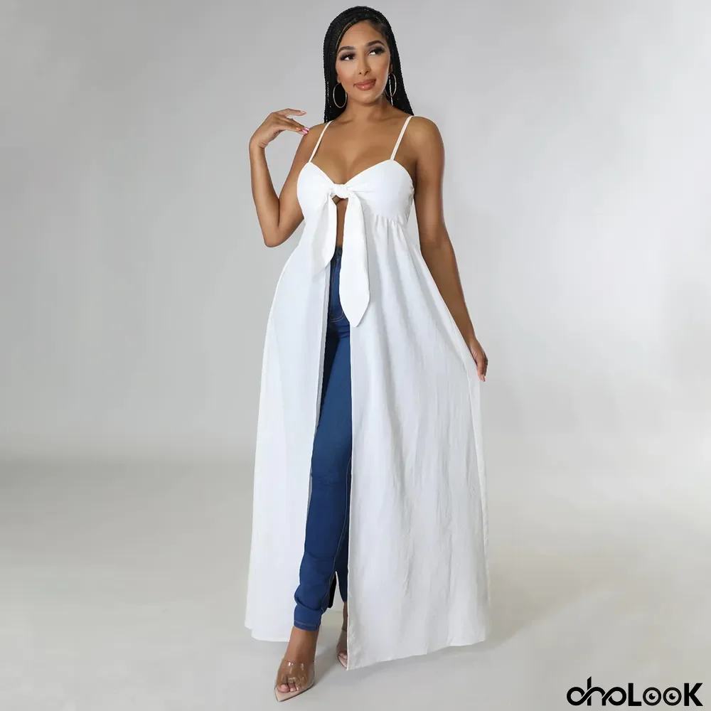 Women Sexy Straps Irregular V-neck Slit Long T-Shirt
