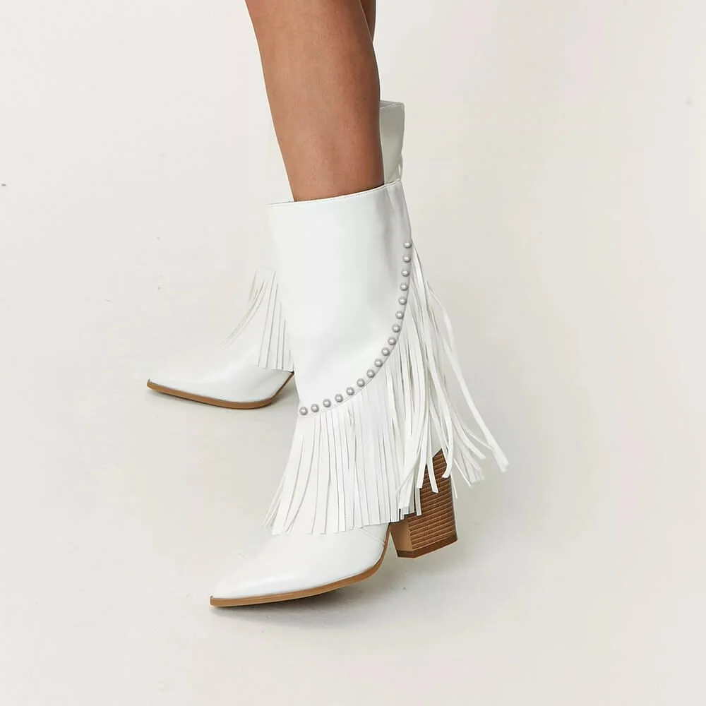 Leather Pointed Toe Boots Pearl Fringe Boots Chunky Low Heel Boots Nicepairs