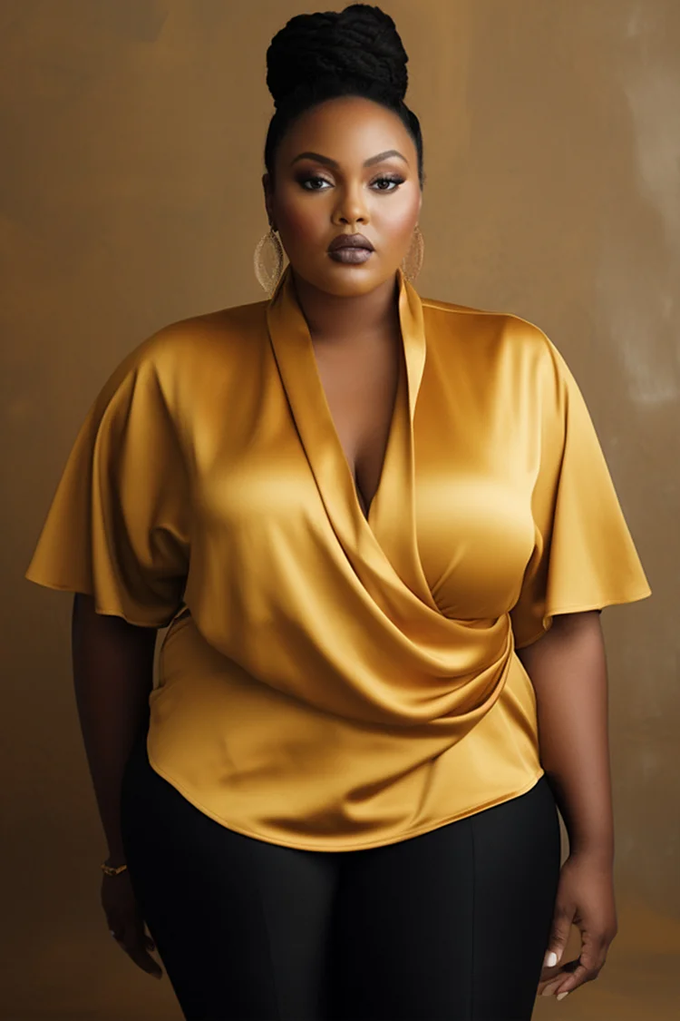 Xpluswear Design Plus Size Business Casual Gold Cowl Neck Short Sleeve Casual Satin Blouses [Pre-Order] 2024 - Xpluswear