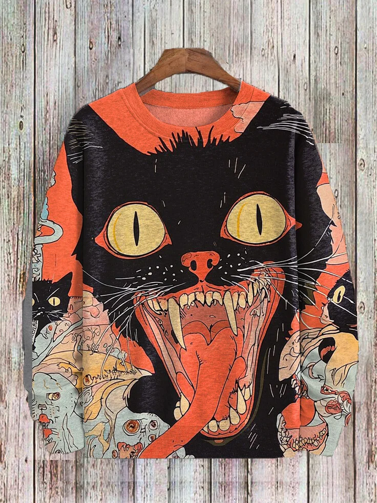 Men's Black Cat Opens Its Mouth Art Print Casual Sweatshirt