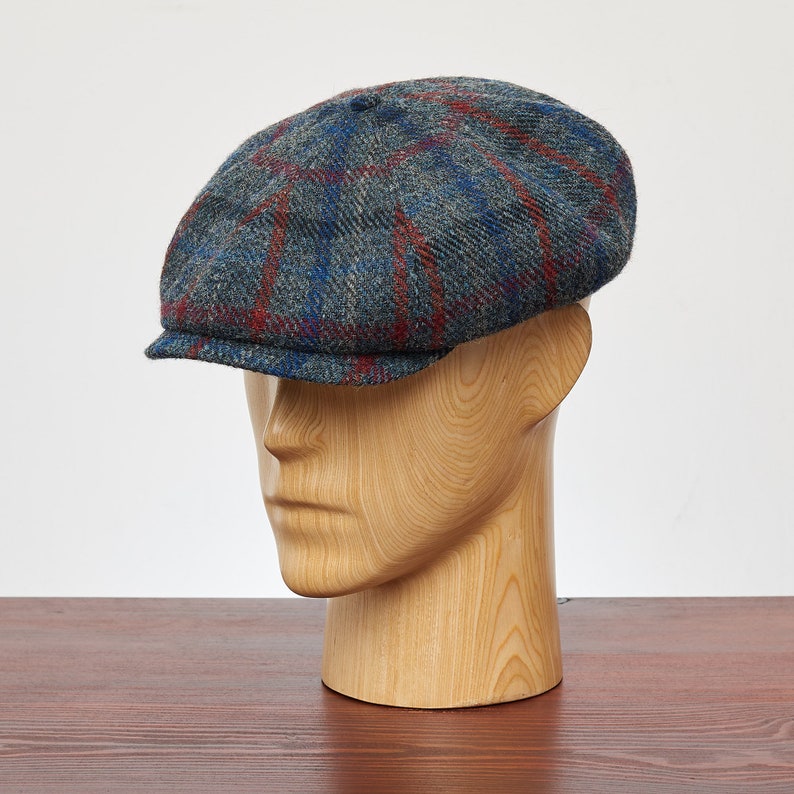 SHELBY Harris Tweed Genuine Scottish 8 Panels Newsboy PEAKED  Cap Applejack Bandit Hooligan Vintage Gangster Wool Fall Hat GRAY-BLUE