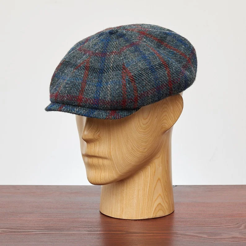 SHELBY Harris Tweed Genuine Scottish 8 Panels Newsboy PEAKED  Cap Applejack Bandit Hooligan Vintage Gangster Wool Fall Hat GRAY-BLUE