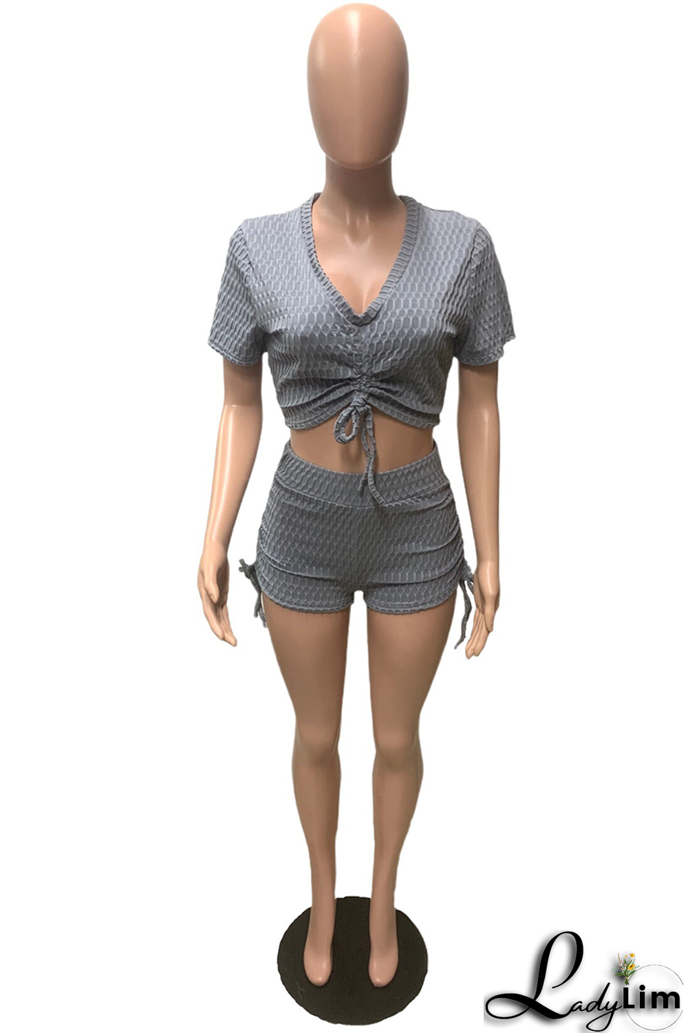 Grey Fashion Solid Patchwork V Neck Short Sleeve Two Pieces