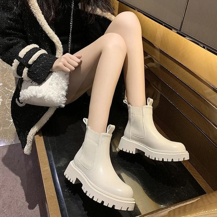 2021 New Chunky Boots Fashion Platform Women Ankle Female Sole Pouch Ankle Botas Mujer Round Toe Slip-On Botas Altas Mujer