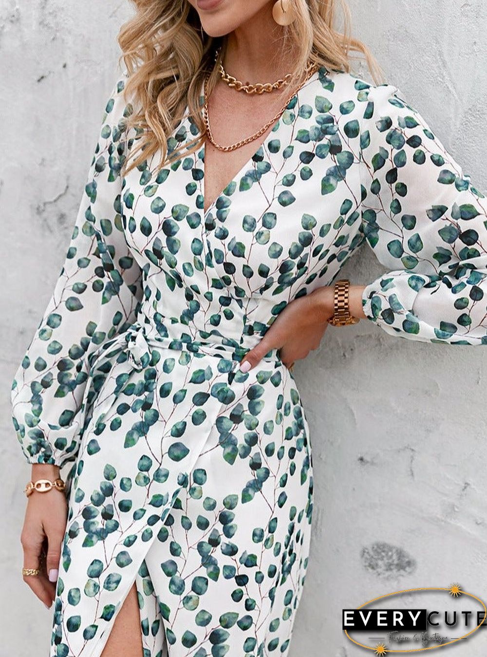 Printed Long Sleeve Green Leaf Dress