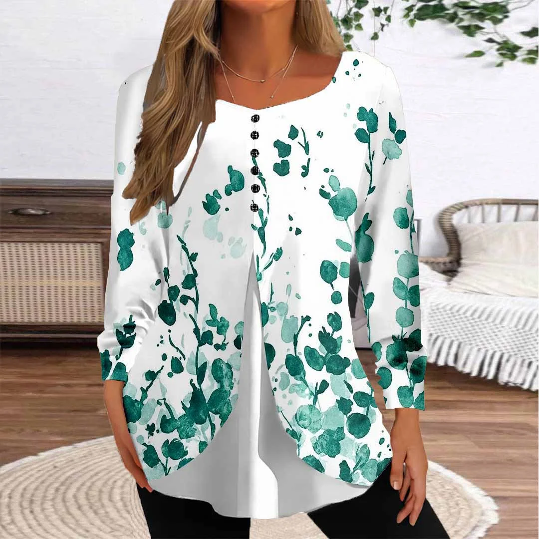Women Floral,Green DZGG8369 Long Sleeve Scoop Neck Printed Graphic Button Fake 2in1 Tops