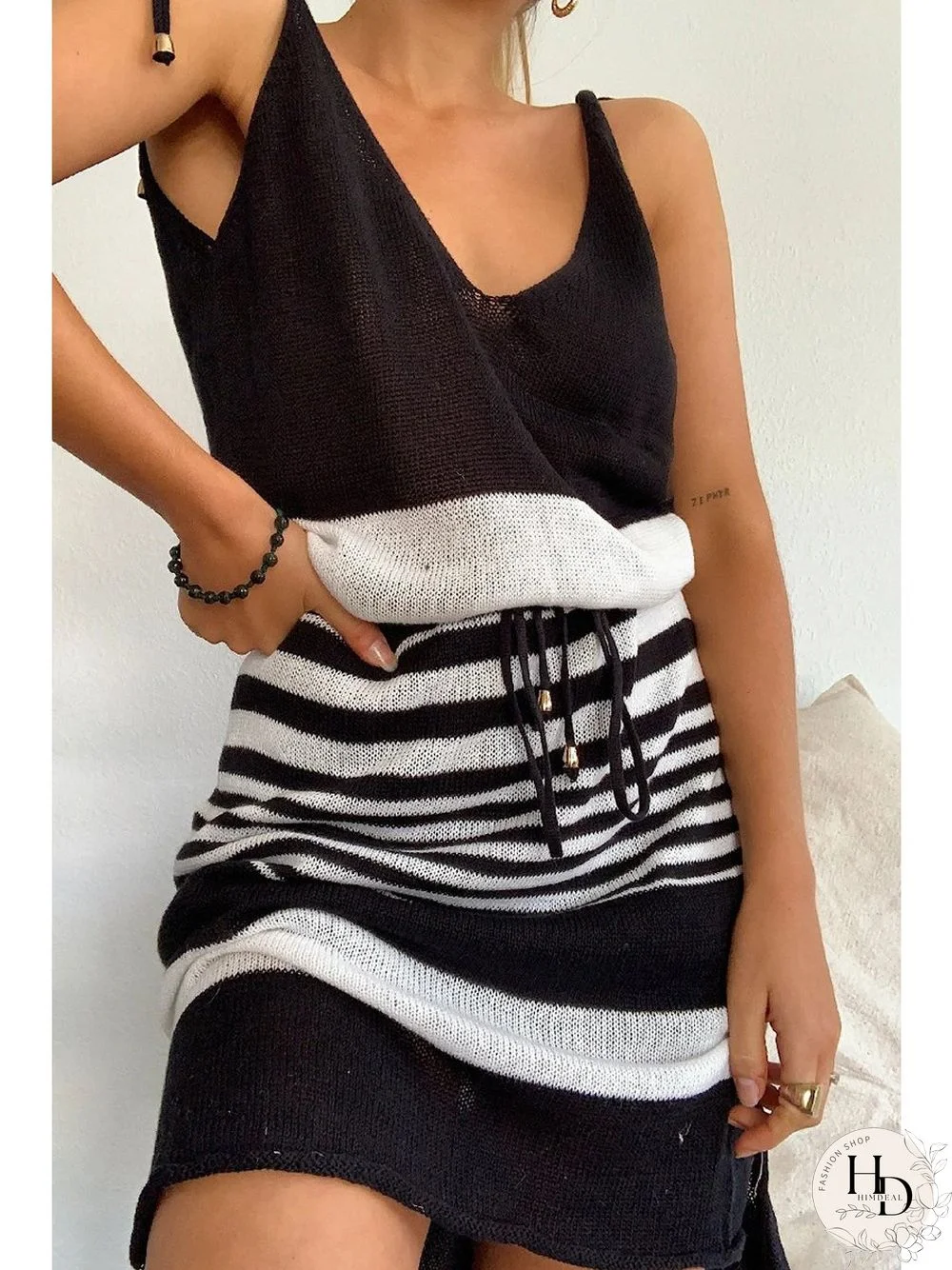 Straps V-neck Striped Belt Knit Mini Dress P15509